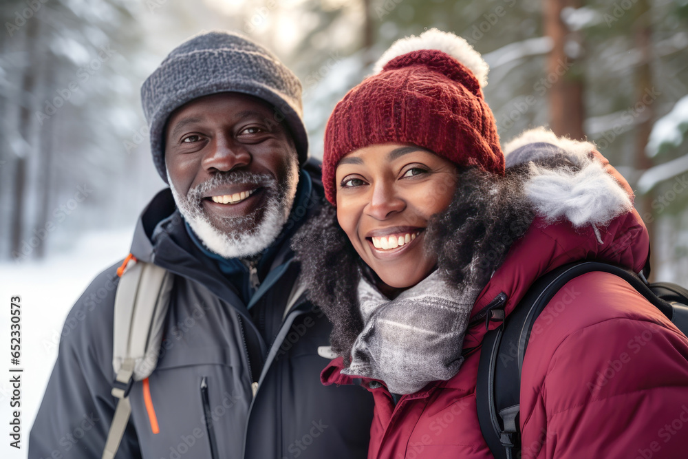 two mature African-American men with backpacks on a winter hike in the forest. Active lifestyle of pensioners in winter. two mature African-American men with backpacks on a winter hike in the forest. Active lifestyle of pensioners in winter.