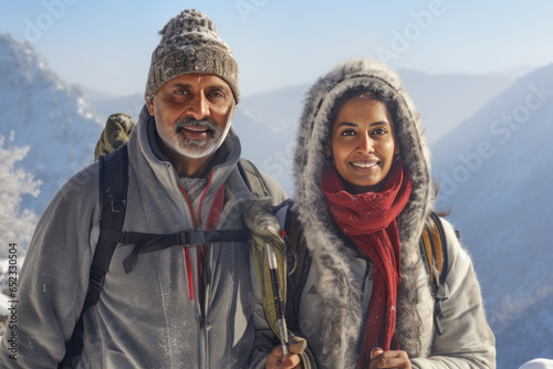 Two mature retired Indian men hiking in the winter mountains. Active lifestyle of older people.
