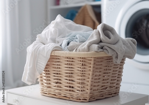 Basket with dirty white laundry in bathroom or laundry room. Clean clothes, cleaning, housework. generative ai