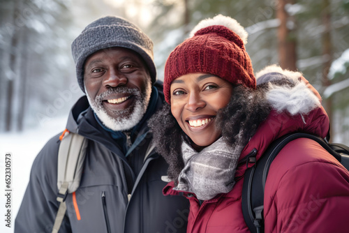 two mature African-American men with backpacks on a winter hike in the forest. Active lifestyle of pensioners in winter.