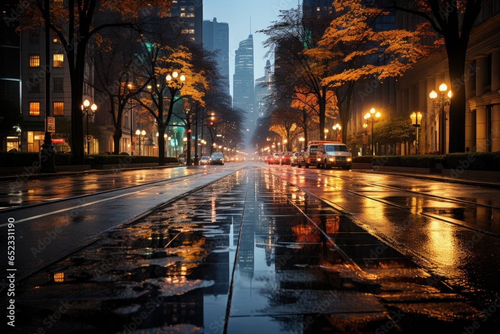 City in night rain, lights reflect on wet streets., generative IA