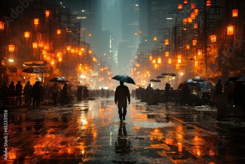 City in heavy rain, urban life in reflexes., generative IA