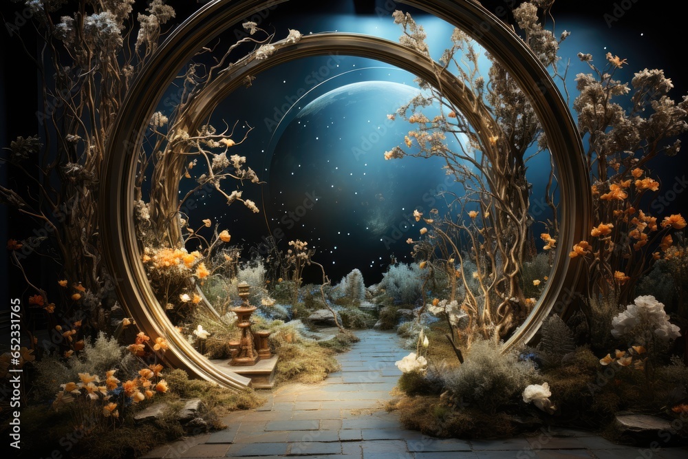 Ethereal garden under blue sky with magic portal., generative IA
