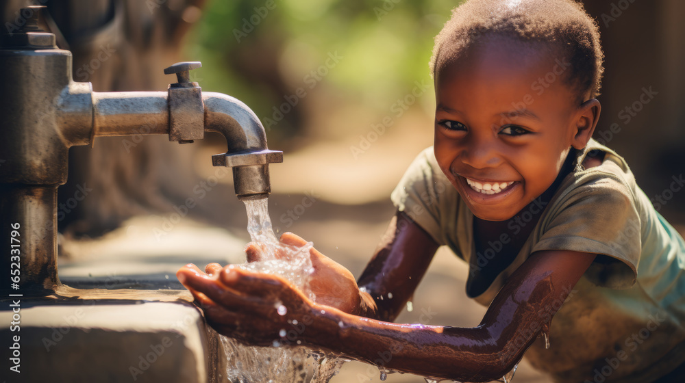 African child extends his hands toward a faucet of clean drinking water - obrazy, fototapety, plakaty 