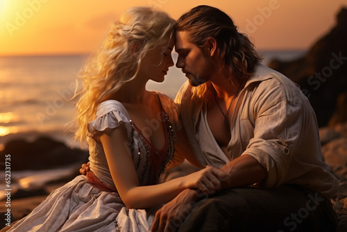 A handsome man in love with a beautiful woman with long blonde hair, sitting on the beach, with ocean in background , pirate couple in vintage clothing
