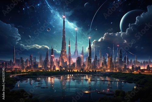 Futuristic city under light night sky, ships and bright skyscrapers., generative IA