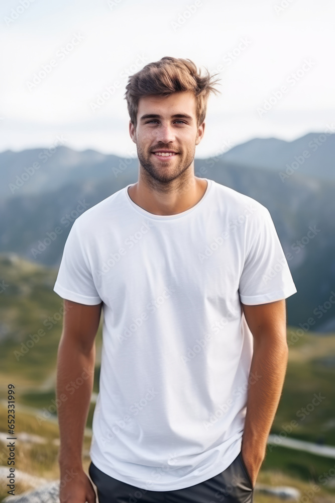 Handsome lean man wearing a plain white tshirt mockup outdoor in front of mountains nature background