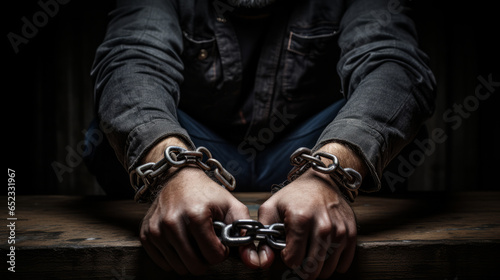 Male hands in chain handcuffs close-up view