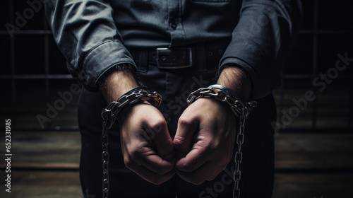 Male hands in chain handcuffs close-up view