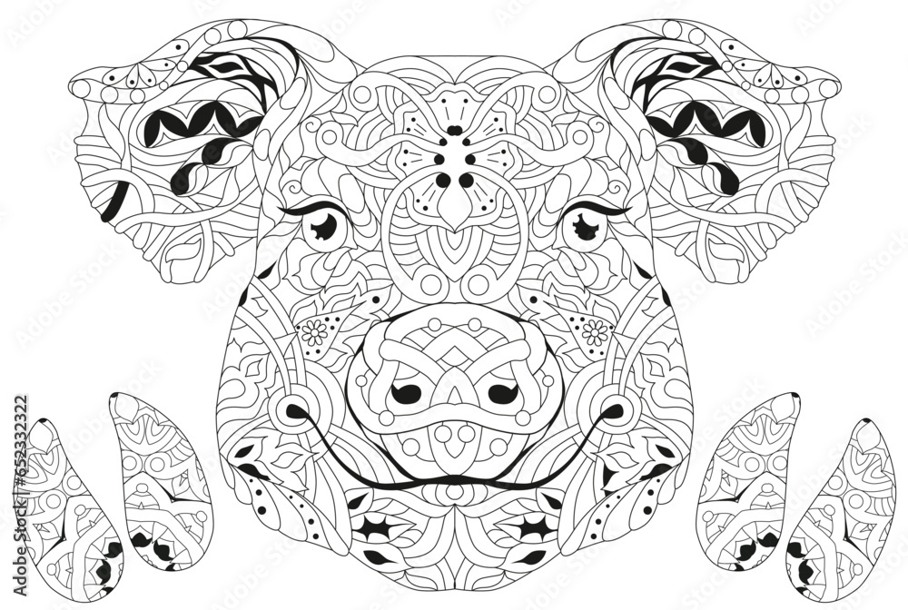 Zentangle pig head with hooves. Hand drawn decorative vector