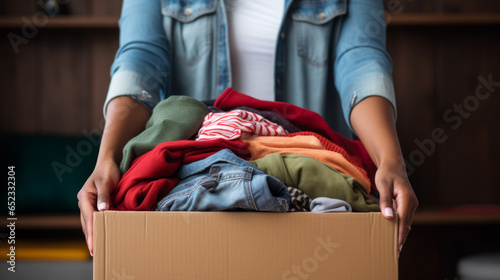 Volunteer hands holding a clothes donation box filled with clothing items of all colors photo