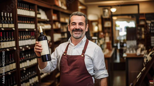 Wine merchant showing a bottle of red wine in middle of his shop