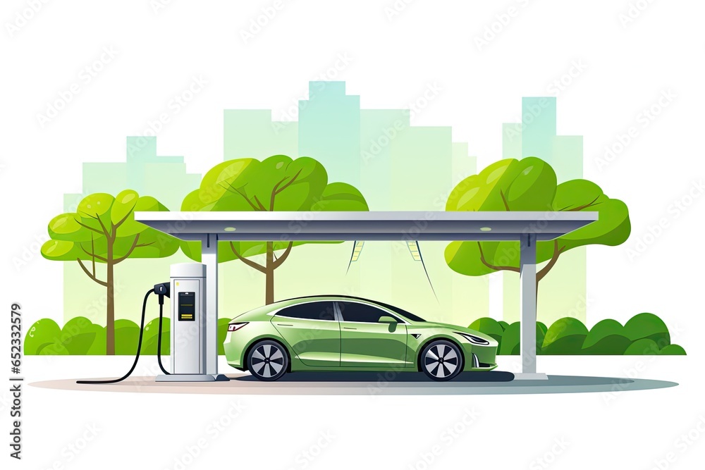 EV car and electronic charger, Eco and green energy power. Pure Electric. Generative AI