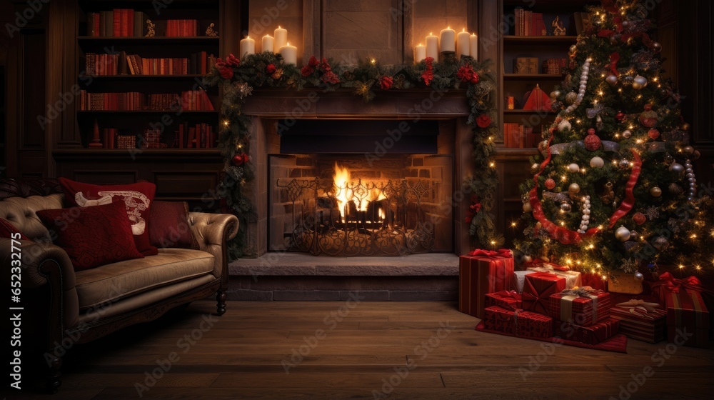 Christmas cozy home interior. Christmas room with a decorated Christmas tree.