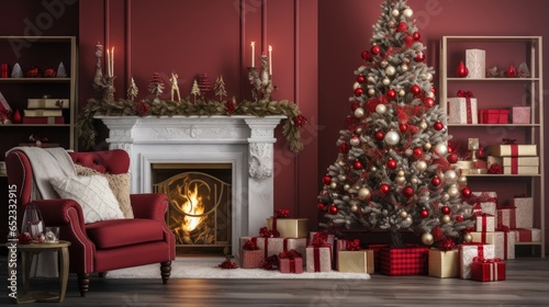 Christmas cozy home interior. Christmas room with a decorated Christmas tree.