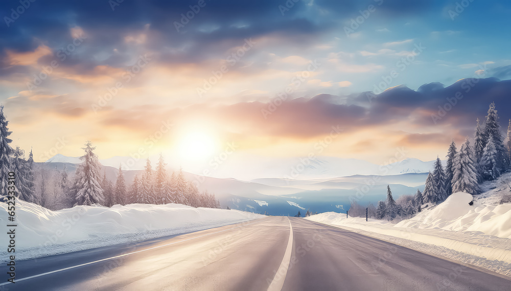 Beautiful winter road at sunset - obrazy, fototapety, plakaty 