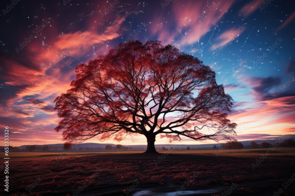 Milky Way shines on trees in starry night., generative IA