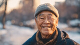 Happy elderly asian man in winter outdoors with copy space