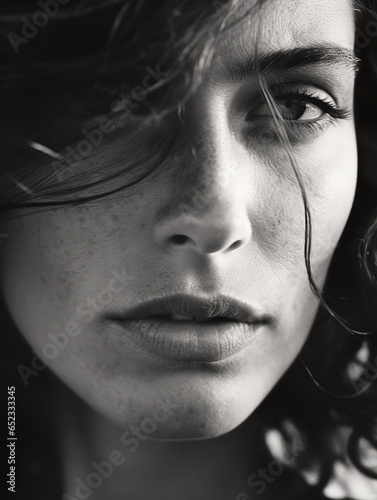Moody black and white close-up portrait of a freckled woman in natural light.