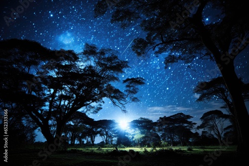 Milky Way shines on trees in starry night.  generative IA