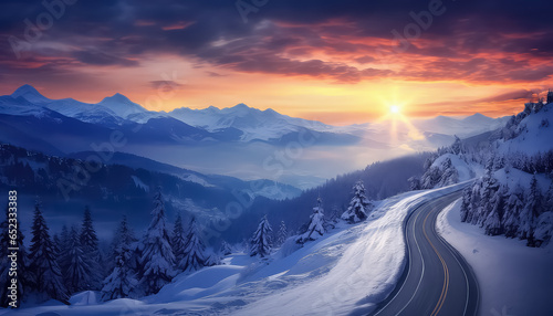Beautiful winter road at sunset