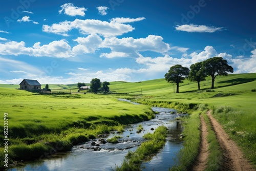 Old mill spinning, green field under soft wind., generative IA