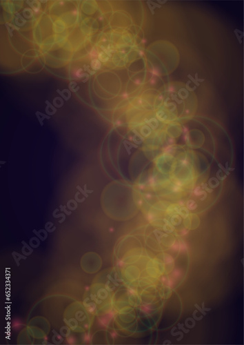 Vector Magical Gold Shine Background with Bokeh Blurred Glowing Circles on Black. Starlight Fog Texture. Glitter Holiday Print. Christmas and New Year Design. Glowing Light on Dark Purple. 