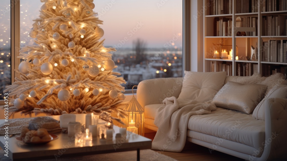 Christmas cozy home interior. Christmas room with a decorated Christmas tree. Christmas cozy home interior. Christmas room with a decorated Christmas tree.