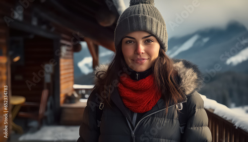 Girl resting at a ski resort on a winter morning