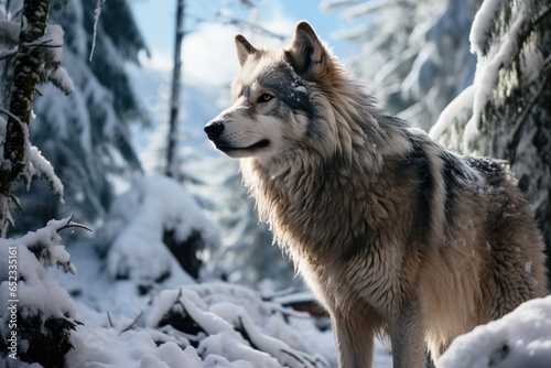 Wolf watches trails in the forest of snowy pines., generative IA