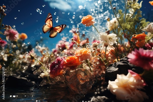 Garden enchanted in spring: flowery trees, butterflies and serene stream., generative IA © Gabriel