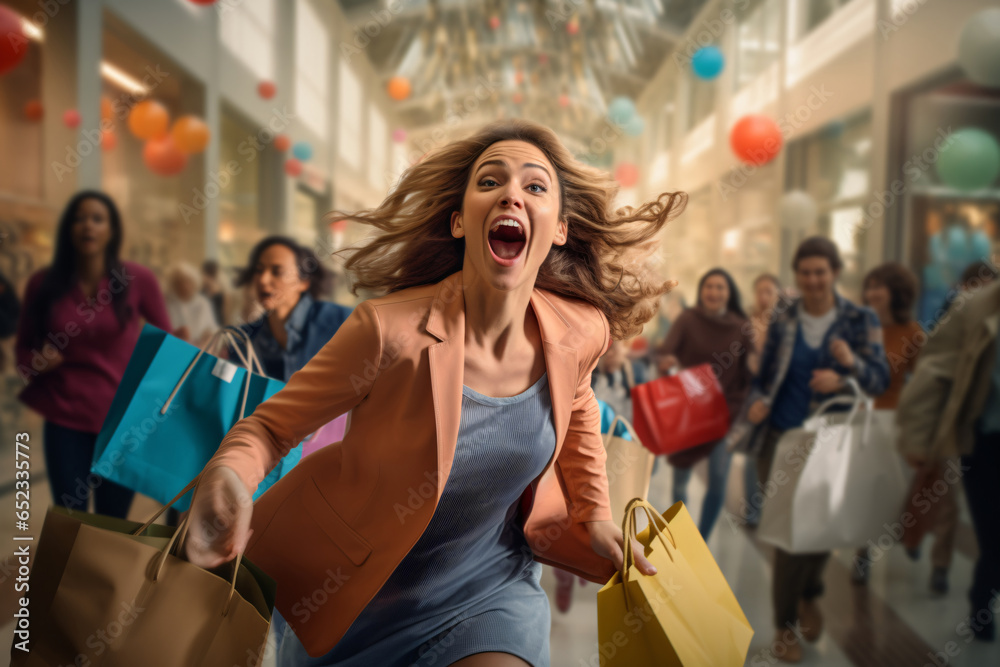 Joyful woman racing through a mall with her shopping bags in tow - obrazy, fototapety, plakaty 
