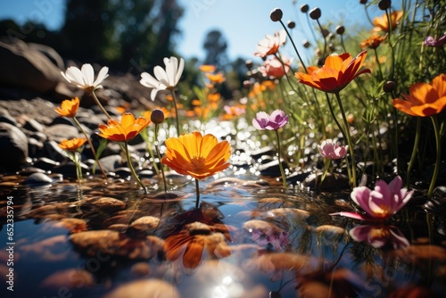 Spring Scenario  Florid Field  Creek and Butterflies.  generative IA