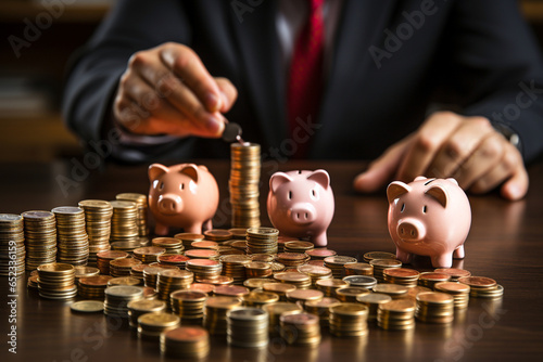 Businessman putting coin into piggy bank, saving money concept.