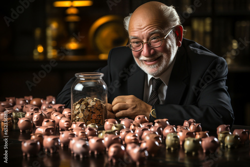 Businessman saving money with piggy bank on table financial planning concept photo
