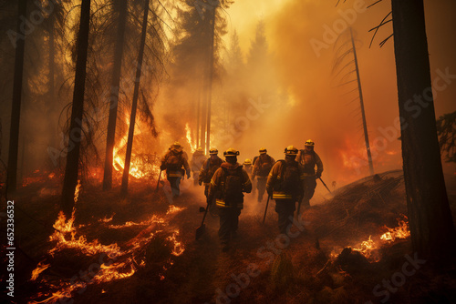 firefighters in the forest with burning fire