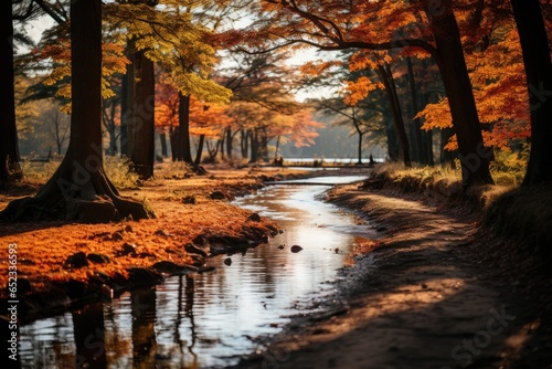 Autonal Grove: Golden leaves, serene stream, wildlife., generative IA