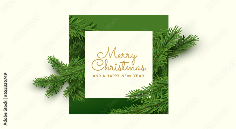 Festive natural christmas layout message with spruce tree cuttings. Vector illustration.