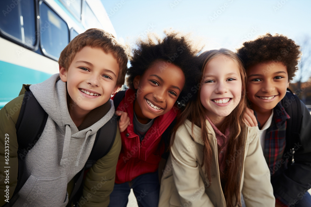 Students near the school bus, a cheerful gathering of young pupils with backpacks Students near the school bus, a cheerful gathering of young pupils with backpacks