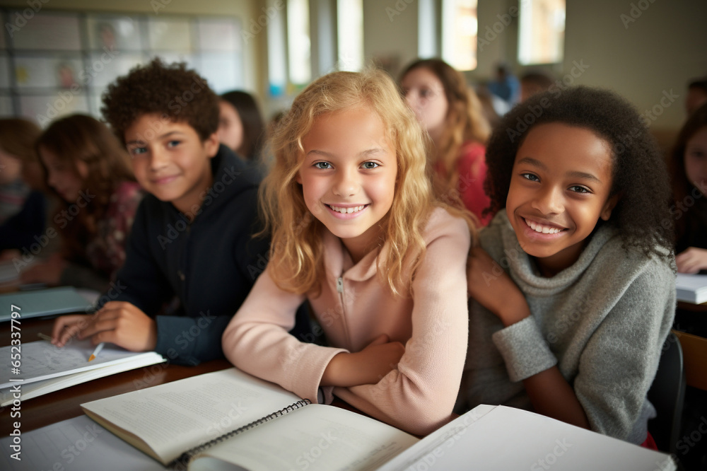 Students in the classroom, happy kids with backpacks, primary education for children worldwide Students in the classroom, happy kids with backpacks, primary education for children worldwide