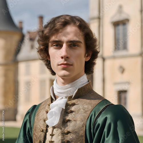 Hombre joven del siglo 16 vestido con elegancia junto a una mansión  photo