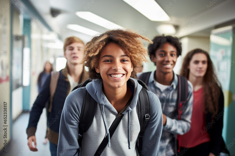 Students of different nationalities in the school corridor, multi-ethnic students sharing knowledge Students of different nationalities in the school corridor, multi-ethnic students sharing knowledge