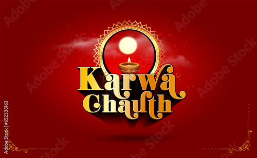 Karwa Chauth. 3d Golden typography. Luxury ornament floral and background. Indian Hindu festival Moon puja worship.