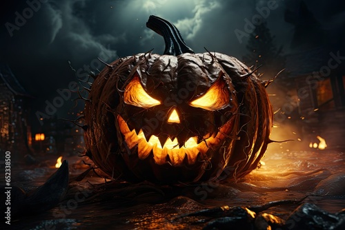 Halloween pumpkin with fire inside. A very scary pumpkin. Generative ai art.