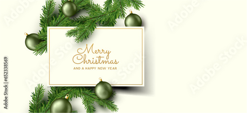 Joyful and festive christmas invitation events layout with spruce tree cuttings and baubles. Vector illustration.