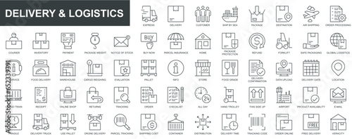 Delivery and logistics web icons set in thin line design. Pack of express, air ship, order processing, courier, payment, parcel protection, warehouse, cargo and other. Vector outline stroke pictograms