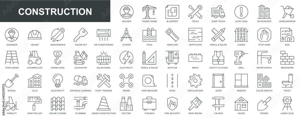 Construction web icons set in thin line design. Pack of builder, tower, blueprint, tools, skyscraper, wheelbarrow, engineer, helmet, maintenance, house, supply, other. Vector outline stroke pictograms