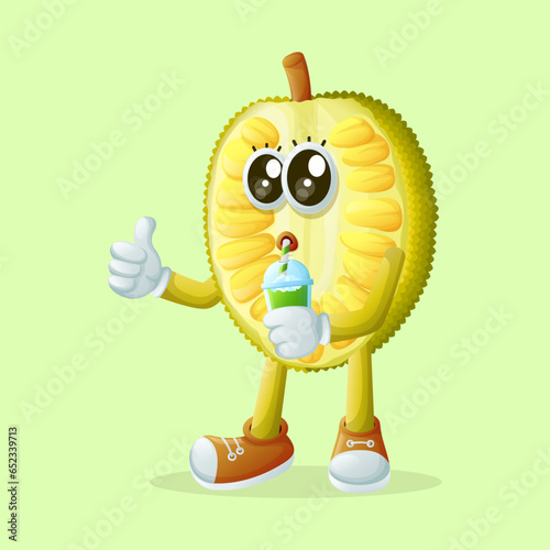jackfruit character drinking a green smoothie