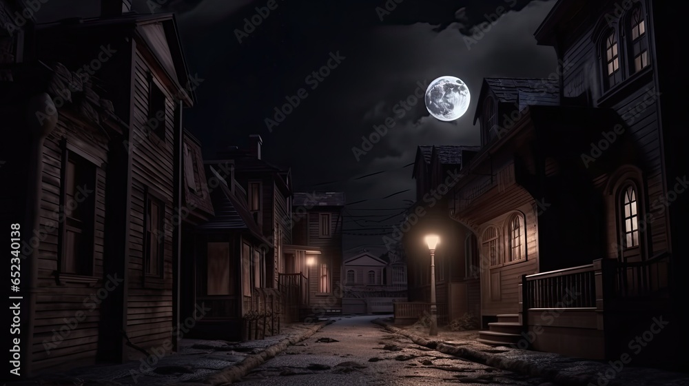  3D Illustration Of A Halloween Concept Background Of Realistic Horror House And Creepy Street With Moonlight