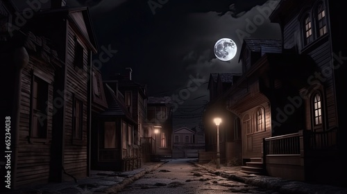  3D Illustration Of A Halloween Concept Background Of Realistic Horror House And Creepy Street With Moonlight